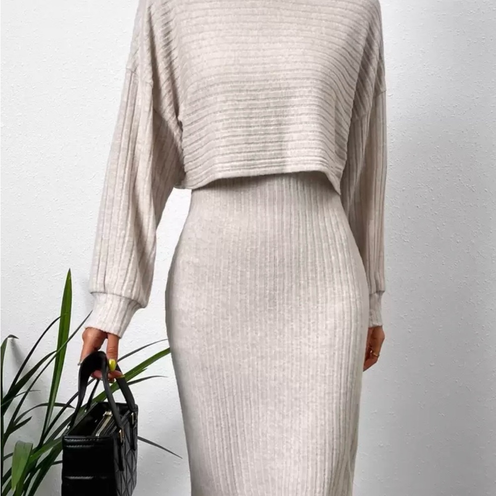 Mock Neck Drop Shoulder Crop Tee & Bodycon Dress